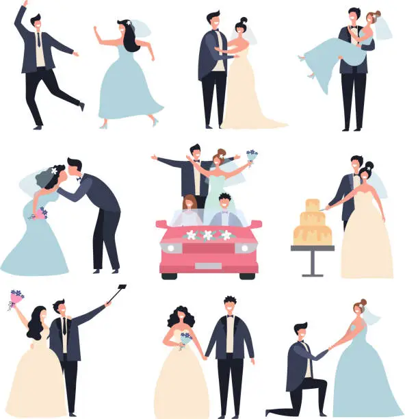 Vector illustration of Wedding couples. Bride ceremony celebration wed day love groom marriage rings vector characters