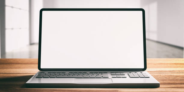 istock Laptop with blank screen, on a wooden desk, blur empty office background, 3d illustration 1068364166