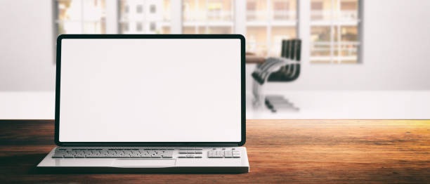 istock Laptop with blank screen, on a wooden desk, blur office background, 3d illustration 1068364206