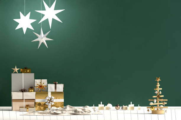 istock Modern Christmas interior, Scandinavian style. Wall mock up. 3D illustration 1068387846
