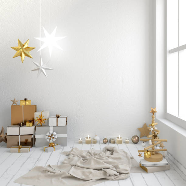 istock Modern Christmas interior, Scandinavian style. Wall mock up. 3D illustration 1068388048
