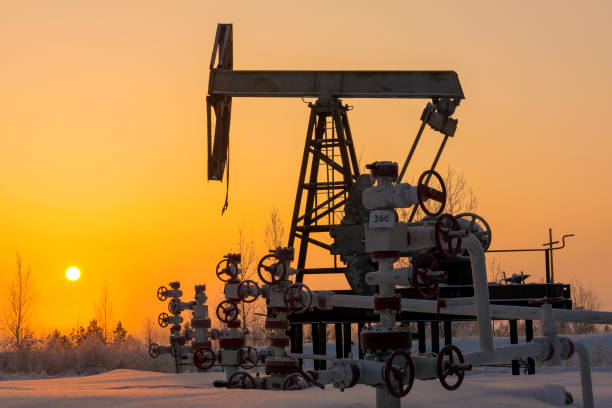 istock Old rusty oil pump in winter evening 1068393162