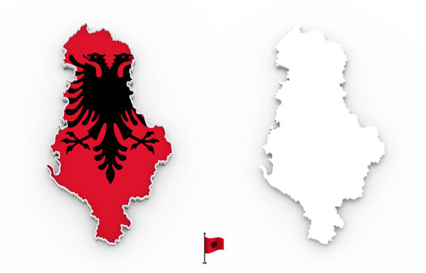 3D High detailed white silhouette of Albania map and national flag