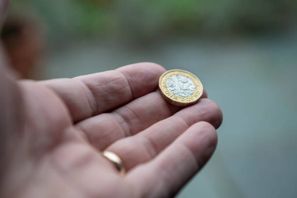 una mano sosteniendo la moneda de una libra británica - british coin coin one pound coin uk fotografías e imágenes de stock