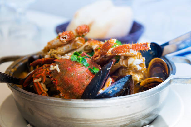 closeup mix seafood soup pot