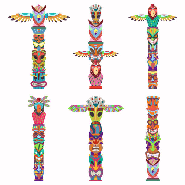 Traditional totem pole with tiki mask and eagle. Vector cartoon flat icons set isolated on white background. Totem pole with tiki mask and eagle vector icon set. totem pole stock illustrations