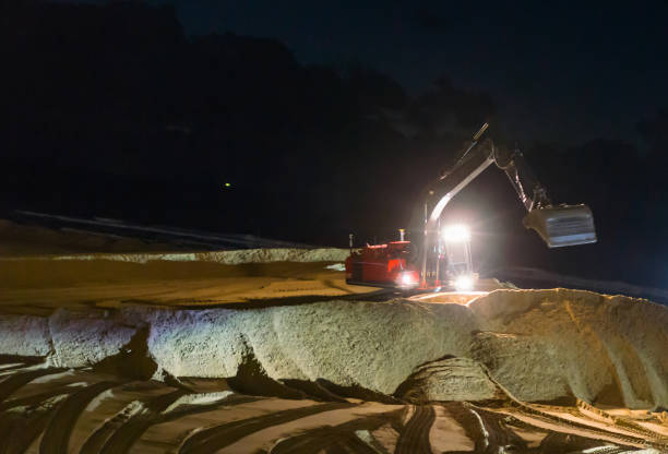 istock digger excavator working at night time moving the ground at the beach for maintenance 1068408102