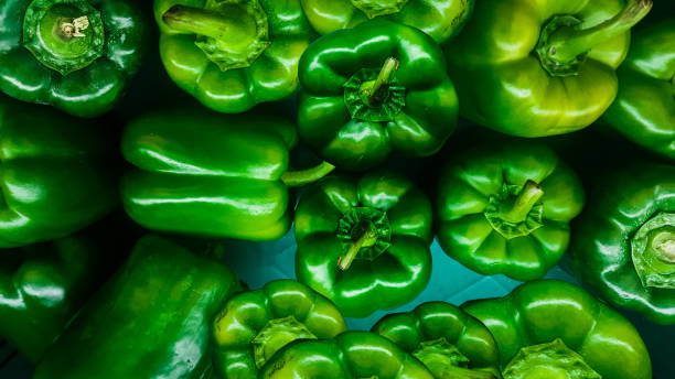 a orgânica verde pimenta de sino no lugar de mercado na tailândia. - pepper bell pepper market spice - fotografias e filmes do acervo