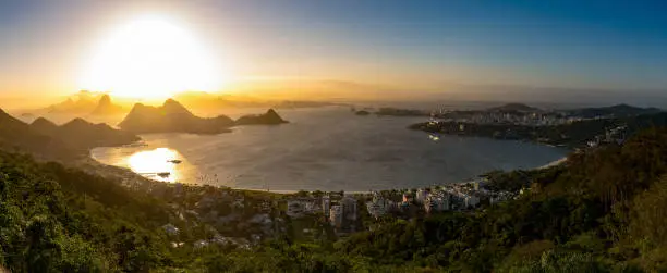 Panoramic View of Guanabara Bay With Sunset Above Rio de Janeiro Mountains.
