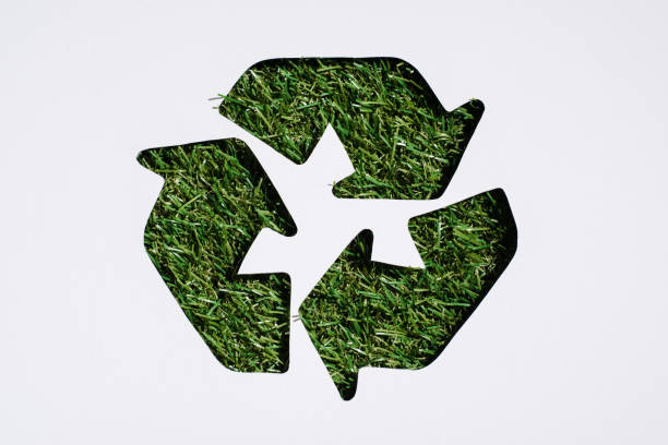 istock Top view of recycle sign with grass patern isolated on white 1068411986