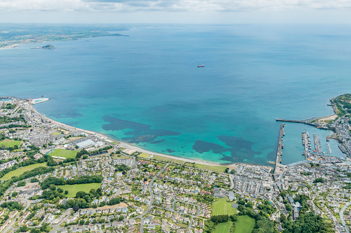 Aerial Views over Newlyn and Penzance, Cornwall on a June day.
