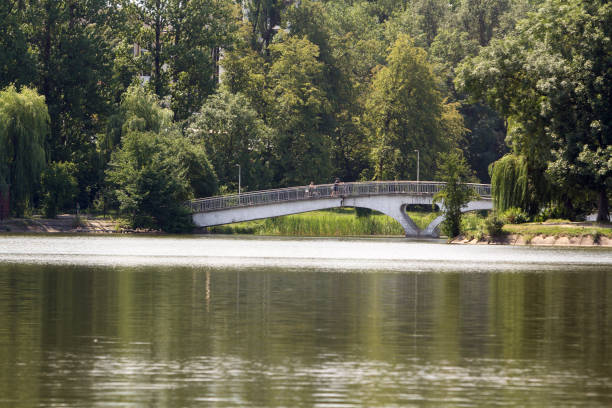 istock Quiet lake surface, small arched bridge with forged railing on birch and willow trees background. 1068419218