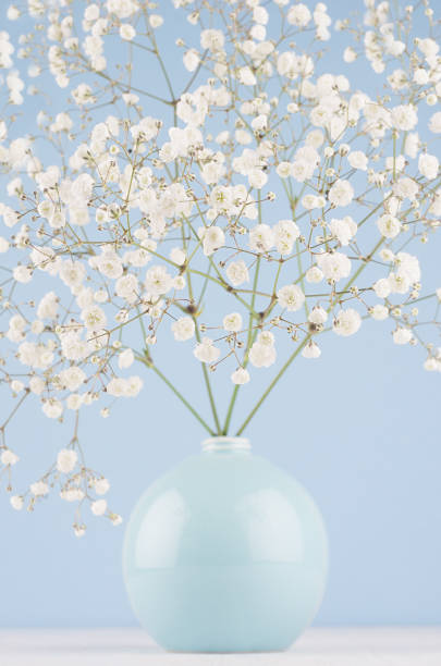 istock Spring branch with small white flowers in blue sphere vase on soft light blue modern wall and white table, closeup. 1068426040