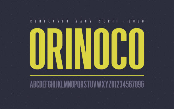Orinoko condensed bold san serif vector font, alphabet, typeface, uppercase letters and numbers. Orinoko condensed bold san serif vector font, alphabet, typeface, uppercase letters and numbers. thick stock illustrations