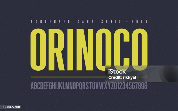 Orinoko Condensed Bold San Serif Vector Font Alphabet Typeface Uppercase Letters And Numbers Stock Illustration - Download Image Now