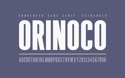 Orinoko condensed extrabold san serif vector font, alphabet, typeface, uppercase letters and numbers.