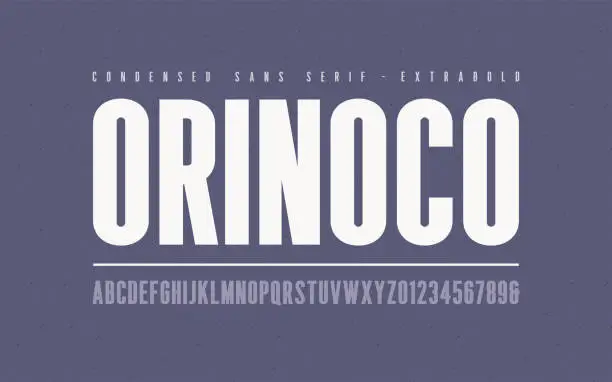 Vector illustration of Orinoko condensed extrabold san serif vector font, alphabet, typeface, uppercase letters and numbers.