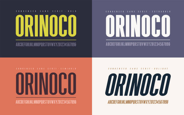 Orinoko condensed bold, semibold, extrabold and oblique san serif vector font, alphabet, typeface, uppercase letters and numbers. Orinoko condensed bold, semibold, extrabold and oblique san serif vector font, alphabet, typeface, uppercase letters and numbers. thick stock illustrations