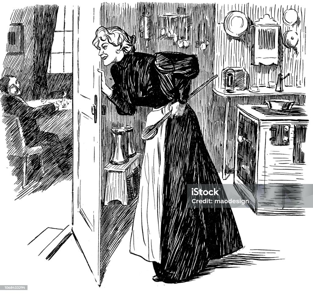 Housewife informs her husband that in a moment she will have lunch - 1896 1896 stock illustration