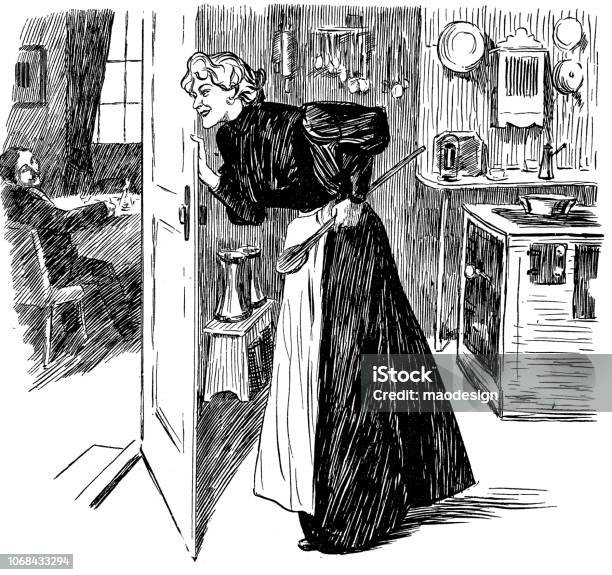 Housewife Informs Her Husband That In A Moment She Will Have Lunch 1896 Stock Illustration - Download Image Now