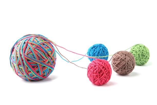 Colorful cotton big thread ball from four color thread isolated on white background.