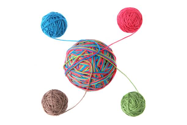 istock Colorful cotton big thread ball from four color thread isolated on white background. 1068435134