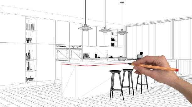 istock Interior design project concept, hand drawing custom architecture, black and white ink sketch, blueprint showing minimalistic kitchen with island and pendant lamps 1068436784