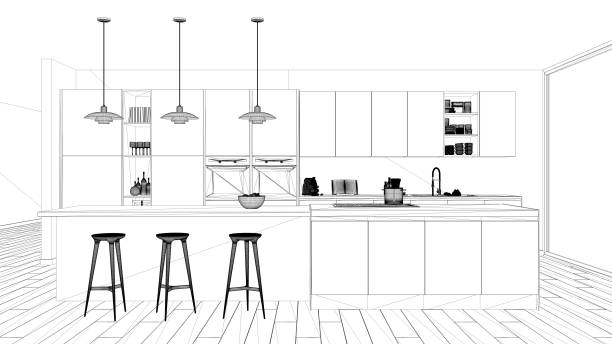 Interior design project, black and white ink sketch, architecture blueprint showing minimalist kitchen with island and big panoramic window, parquet and pendant lamps