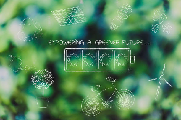 empowering a greener future conceptual illustration: solar energy battery surrounded by other ecology-related objects