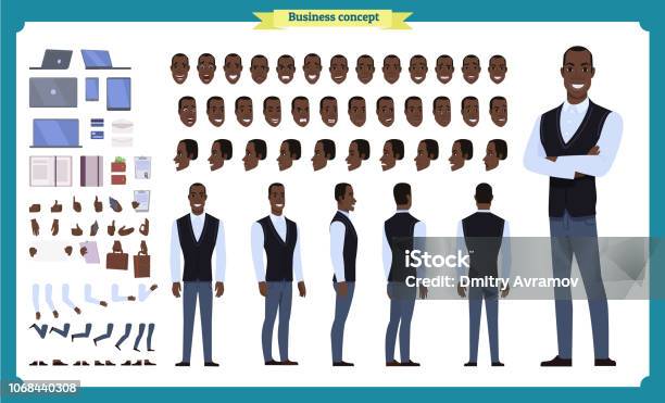 People Character Business Set Front Side Back View Animated Character Black American Businessman Character Creation Setsimple Face Emotions Poses And Gesturesflat Isolated Vector Stock Illustration - Download Image Now