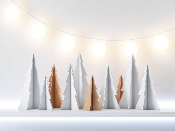 istock White and gold Paper Christmas Tree forest with garland light, greeting card background 1068441908