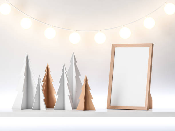 istock Vertical Poster Frame mockup with Christmas Trees and garland lamps 1068441912