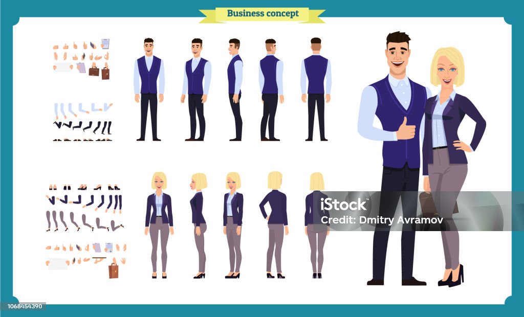 Business Man and woman character constructor with various views, hairstyles, poses and gestures in casual clothes. Front, side, back view. flat vector illustration.isolated. business people Business Man and woman character constructor with various views, hairstyles, poses and gestures in casual clothes. Front, side, back view. flat vector illustration.isolated on white. business people Characters stock vector