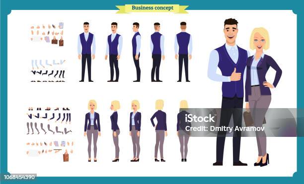 Business Man And Woman Character Constructor With Various Views Hairstyles Poses And Gestures In Casual Clothes Front Side Back View Flat Vector Illustrationisolated Business People Stock Illustration - Download Image Now