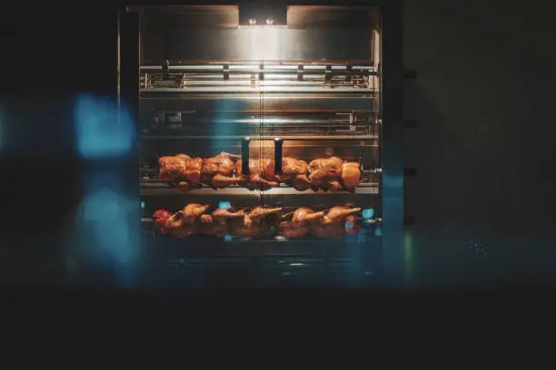 Chicken roasting in commercial rotisserie oven