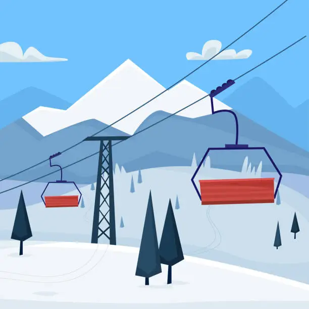 Vector illustration of Ski resort with lift and  winter mountains landscape.