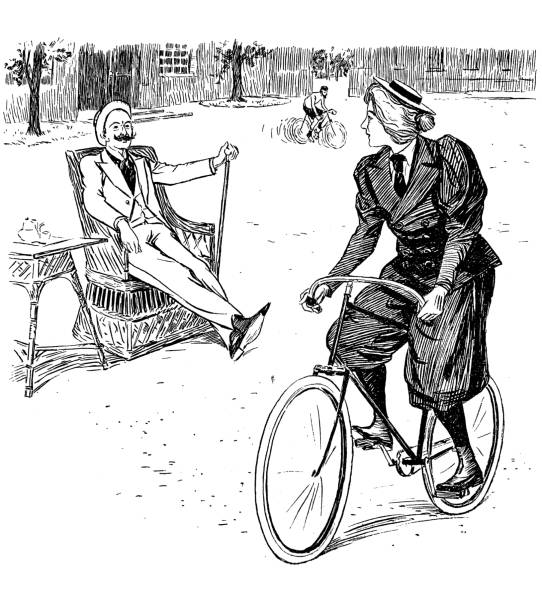 illustrazioni stock, clip art, cartoni animati e icone di tendenza di donna in bicicletta guarda verso un uomo seduto - 1896 - 1896