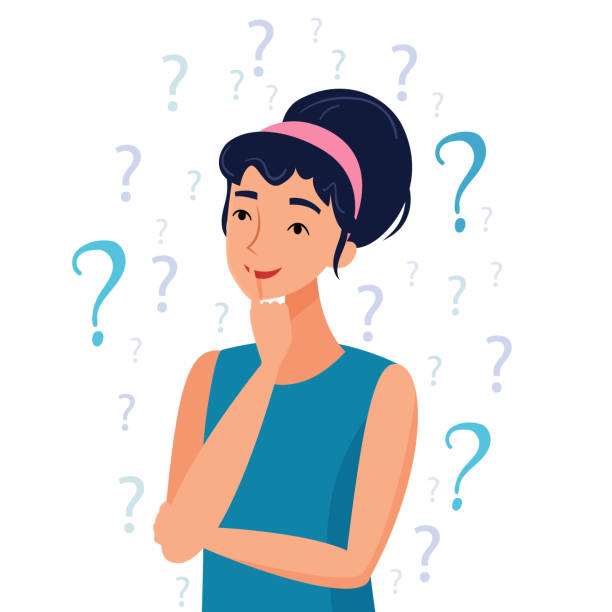ilustrações de stock, clip art, desenhos animados e ícones de thinking woman with question marks. - question mark asking problems thinking