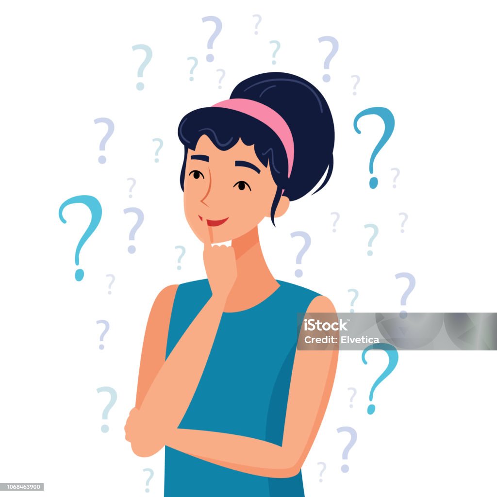 Thinking woman with question marks. Thinking woman with question marks. Flat cartoon style vector illustration. Contemplation stock vector