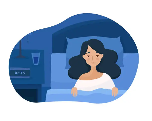 Vector illustration of Sleepless girl suffers from insomnia.