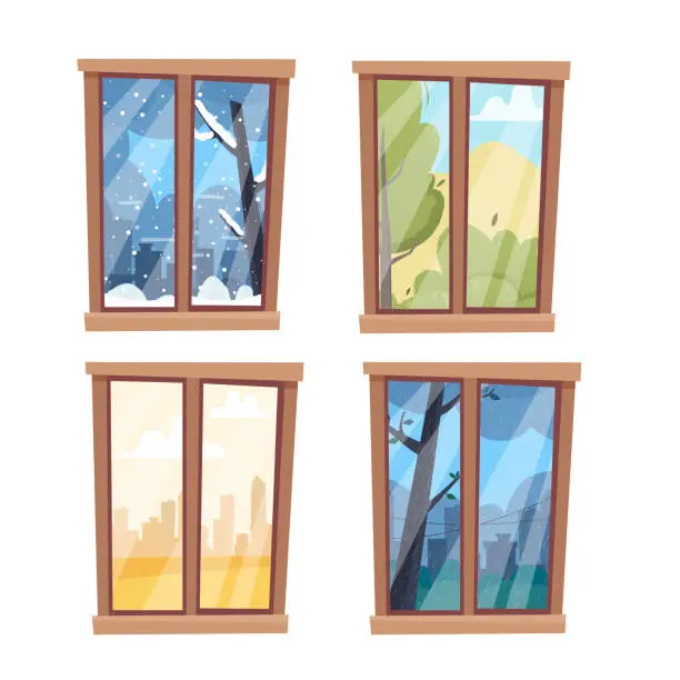 Vector illustration of Windows with seasons and weather landscapes.