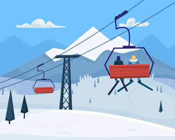 Vector illustration of Ski resort with lift and  winter mountains landscape.