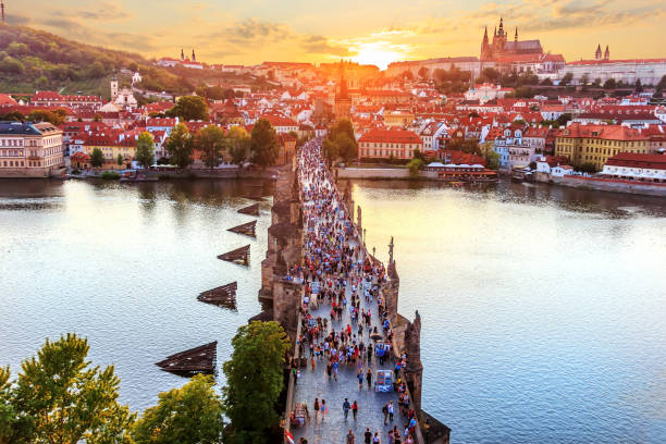 istock Charles Bridge at sunset, view from Old Town Bridge Tower in Prague 1068470124