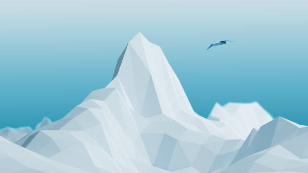 3D Render of a Low Poly Winter Mountain Landscape and Flying Bird