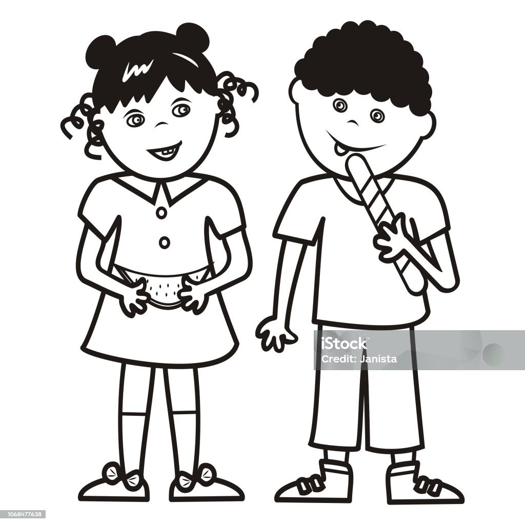 Girl and boy with melon and lollipop, coloring book Girl and boy with melon and lollipop, coloring book, vector illustration. Two kids with food. Black and white illustration, contour drawing. African Ethnicity stock vector