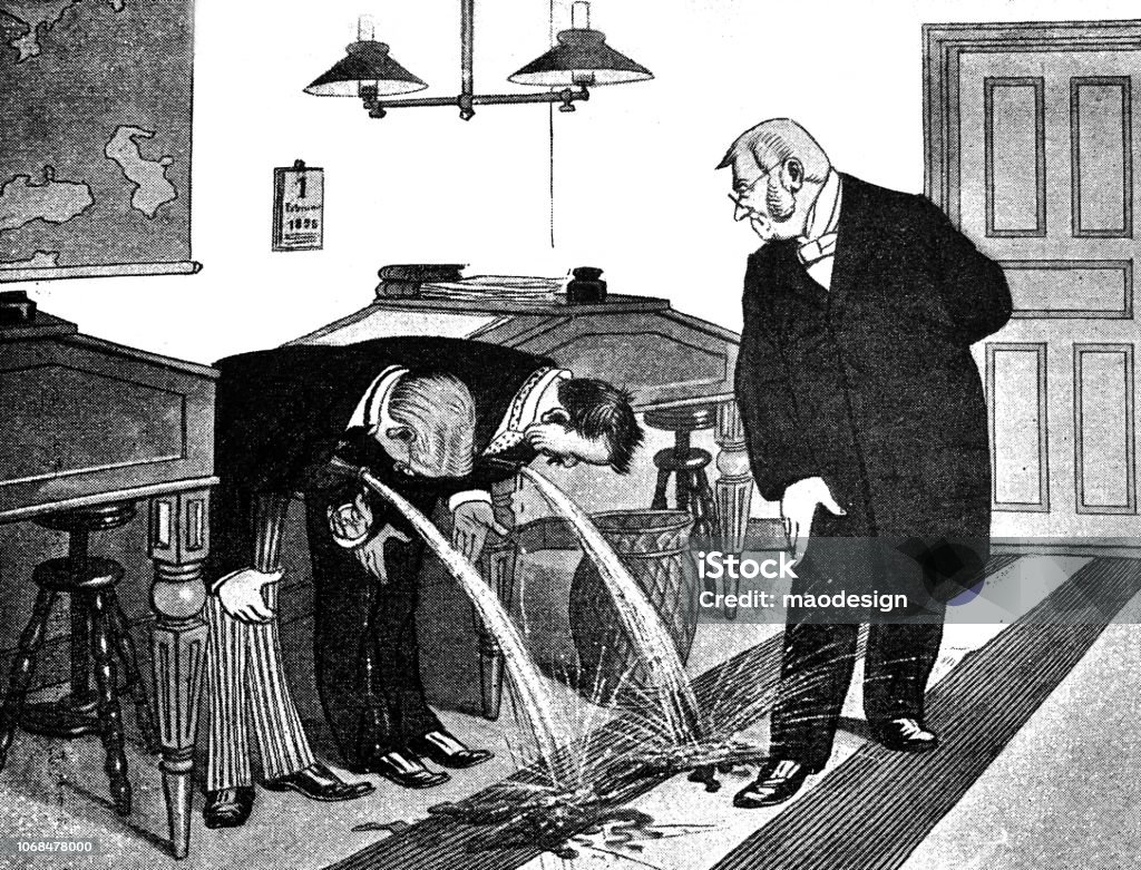 Two officials lie down in front of the director forgetting that they have a full bottle of wine under their arm - 1896 Engraved Image stock illustration