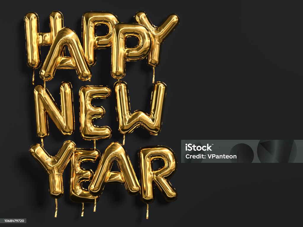 Testo oro felice di Capodanno su sfondo nero, tipografia palloncino in foil d'oro - Foto stock royalty-free di Vigilia di Capodanno