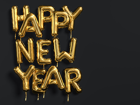 Happy New Year gold text on black background, golden foil balloon typography, 3d rendering