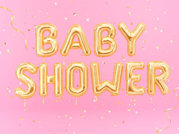 istock Baby Shower banner balloon golden text on pink background, 3d rendering 1068481998