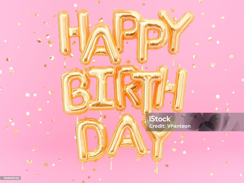 Buon compleanno testo congratulazioni palloncini in foil oro su sfondo rosa - Foto stock royalty-free di Compleanno
